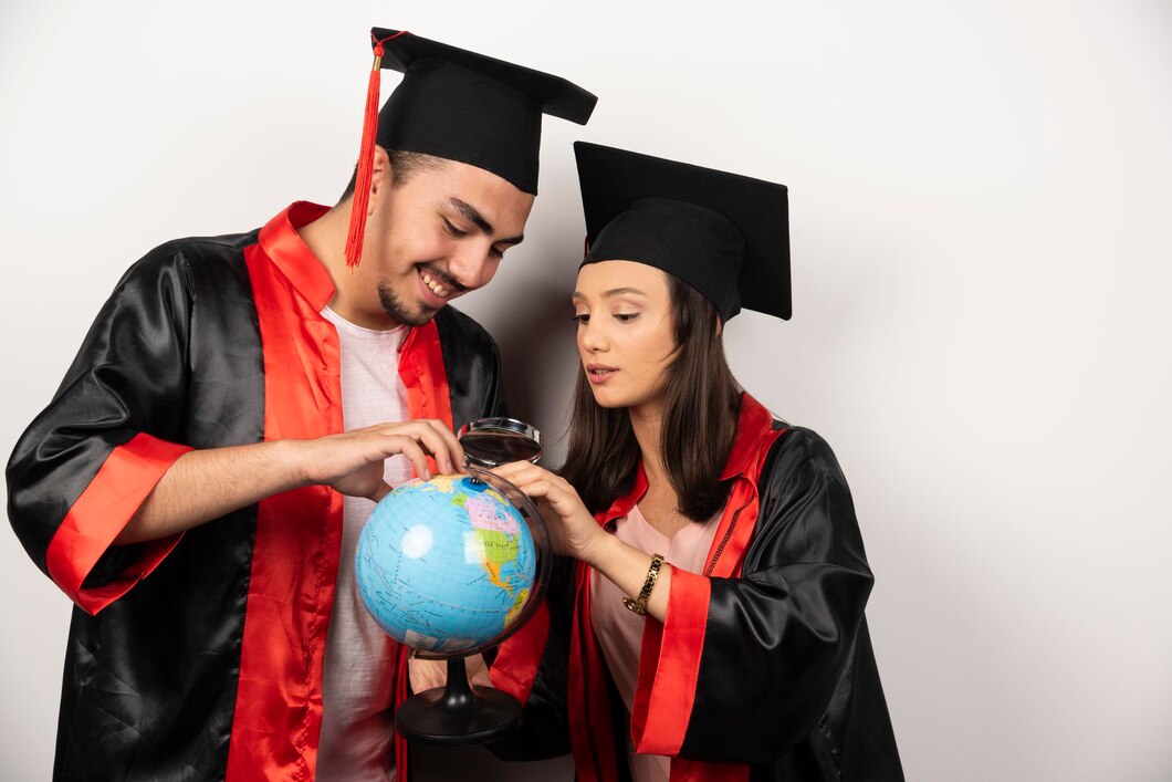 pair happy students gown looking globe white 114579 53807